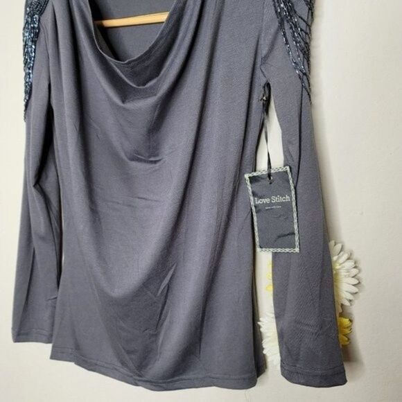Lovestitch gray long-sleeved sequin cowl neck top size small - Picture 3 of 11